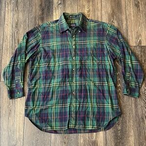 Vintage Kenneth Gordon Flannel Plaid Green Red Button Down Mens XL USA Made